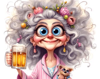Funny Grandma Drinking Beer PNG Clipart: Cartoon Old Lady (Digital Download)