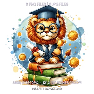 Kindergarten Lion wearing Cap holding a Diploma PNG | Graduation Lion Clipart | Grad Student | Graduate Kid | 6 JPG-PNG Commercial Use
