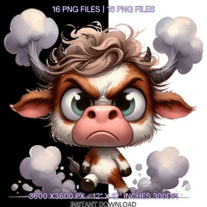 16 Clipart Vache en colère avec de la vapeur provenant de ses oreilles | Carte de journalisation indésirable pour scrapbooking lunatique pour bovins éreintés à usage commercial