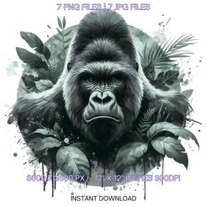 Gorilla Clipart PNG | 7 Watercolor Strong Gorilla in a Jungle backdrop  | Jungle Clipart | Sublimation Transparent Commercial Use
