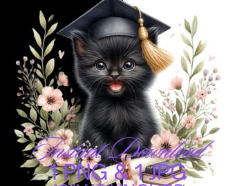 Graduation Black Cat Clipart: College Graduate PNG (digital