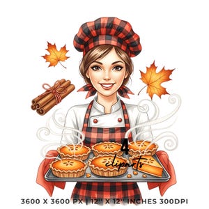 Pumpkin Pie Clipart: Baker Illustration, Fall Baking Art (PNG & JPG, 12&quot;x12&quot;)
