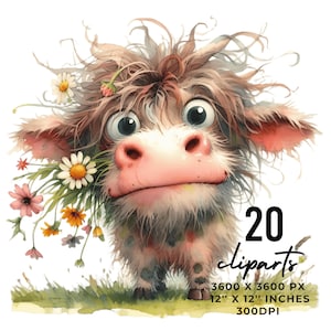 20 lindas vacas con pelaje desordenado y flores en la boca Clip Art / Extravagantes vacas desaliñadas PNG Diseños de tarjetas de álbum de recortes extravagantes Uso comercial