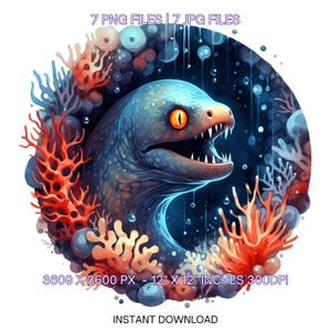 Watercolor Moray Eel Clipart: Sly PNG, Coral Reef (Digital Download)
