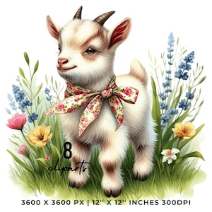 8 Clipart PNG printemps petite chèvre, chèvre aquarelle, animaux de la ferme, fabrication de cartes, scrapbooking, journal indésirable, image par sublimation usage Commercial