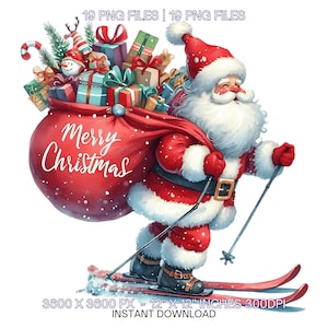 Puede incluir: Papá Noel en esquís llevando una gran bolsa roja con las palabras "Feliz Navidad" en ella. La bolsa está llena de regalos envueltos. Papá Noel lleva un traje rojo con ribetes blancos y una barba blanca. Está sonriendo y sosteniendo bastones de esquí.
