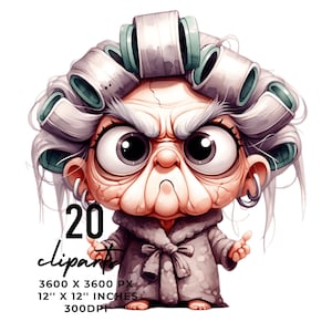 20 clipart PNG de la vieille dame grincheuse | vieille femme excentrique énervée | Scrapbooking lunatique, journalisation indésirable, fabrication de cartes, sublimation, utilisation commerciale