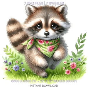 7 printemps petit raton laveur PNG Clipart, aquarelle de raton laveur, raton laveur sauvage, fabrication de cartes, scrapbooking indésirable, sublimation usage Commercial