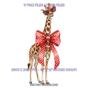 以下が含まれることがあります： 赤いサングラスと白いハートの大きな赤いリボンをつけたキリンの水彩イラスト。画像には、インスタントダウンロードであることを示すテキストが含まれており、サイズは約30.5cm x 30.5cmです。