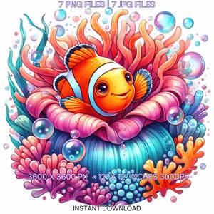 Clownfish Clipart PNG | 6 Watercolor Bright Clownfish Peeking out of a sea anemone with vivid coral and bubble | Underwater Commercial Use