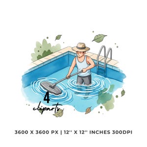 Watercolor Pool Cleaner Clipart: Summer Job PNG JPG Graphics (Digital Download)