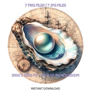 Clipart d'huîtres sous l'eau PNG | 7 Demi-coquille d'huître aquarelle avec perle irisée sur une carte vintage des Maritimes | Utilisation commerciale par sublimation
