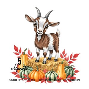 May include: A watercolor illustration of a goat with brown and white fur, standing on a hay bale. The goat is surrounded by pumpkins in various shapes and colors, with red leaves. The image includes the text "5 cliparts" and "12" x 12" inches 300DPI".