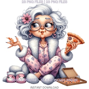 24 Crazy Grandma in Pijama Eating Pizza PNG Clipart | Funny Old Ladies | Cute Cartoon White Grandma | Happy Woman Sublimation Commercial Use
