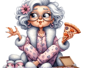 Funny Grandma Eating Pizza PNG Clipart: Cartoon Old Lady (Digital Download)
