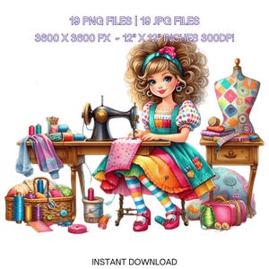 19 imágenes prediseñadas de chica costurera peculiares PNG / Acuarela de adolescente costurera para hacer tarjetas de diario basura, fantasía, sublimación caprichosa para uso comercial