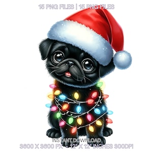 15 Black Puppy Pug with Christmas Lights and Gifts Clipart PNG | Christmas Pug Clipart | Xmas Dog Clipart Images Sublimation Commercial Use