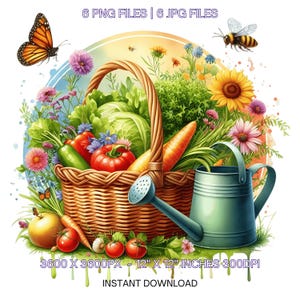 Wiosenna farma Clipart ze świeżymi warzywami w plecionym koszyku w pobliżu konewki, brzęczącymi pszczołami i dzikimi kwiatami | Gospodarstwo | 6 PNG-JPG Użytek komercyjny