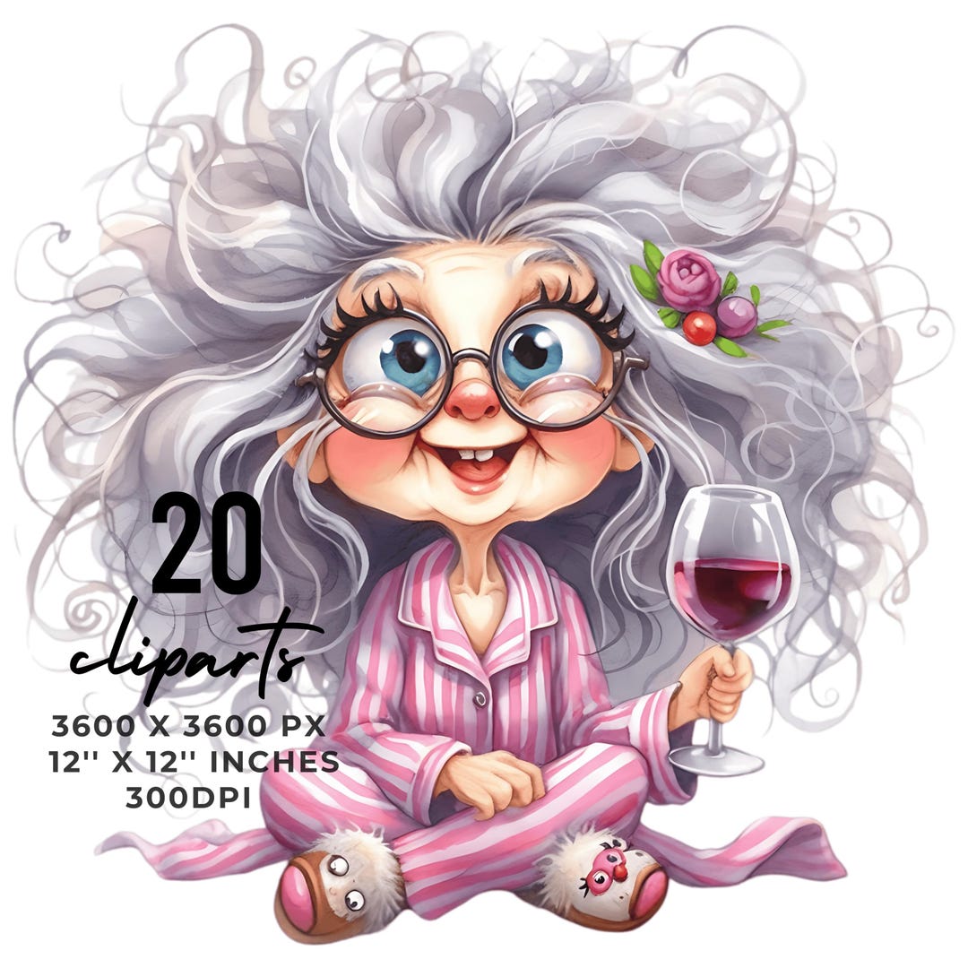 Funny Grandma Drinking Wine Clipart: Cartoon Old Lady PNG - Etsy