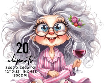 Funny Grandma Drinking Wine Clipart: Cartoon Old Lady PNG
