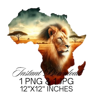 León africano en mapa africano PNG sublimación / León en la sabana / León en la jungla Clipart / Mapa de África Descarga digital / Uso comercial