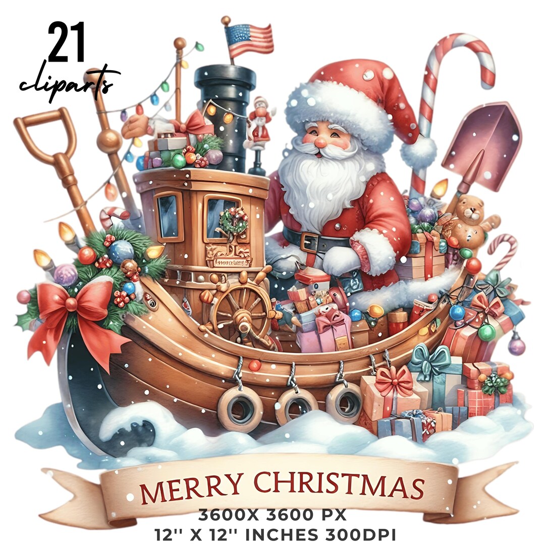 21 Merry Christmas Santa Boat PNG Clipart | Watercolor Nautical Santa ...