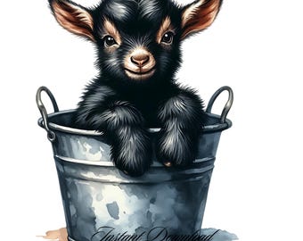 Baby Goat Watercolor Clipart: Black Goat in Bucket (PNG & JPG)