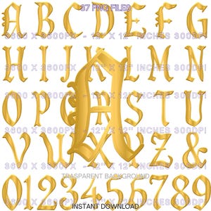 May include: A collection of gold-colored, ornate letters, numbers, and an ampersand, presented as PNG files. Each character is approximately 12 inches in height and width, with a resolution of 300 DPI. The image includes the text "37 PNG FILES" and "INSTANT DOWNLOAD".