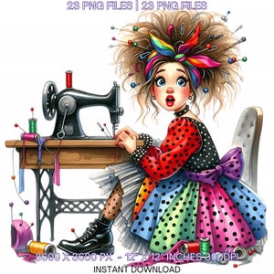 23 clipart fille couturière décalée PNG | Aquarelle gelée désordonnée pour fille, journalisation indésirable, fabrication de cartes, fantastique, lunatique, sublimation, utilisation commerciale