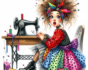 Quirky Sewing Girl Clip Art: Watercolor PNG for Junk Journals (Digital Download)