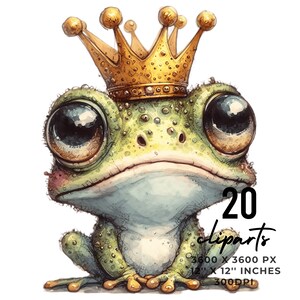 May include: A green frog wearing a gold crown. The frog is sitting on its hind legs with its front legs folded in front of it. The frog has large, round eyes and a wide, toothy smile.