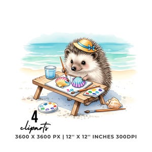 Watercolor Hedgehog Clipart: Beach Seashells Art (4 PNG, 4 JPG) Commercial Use