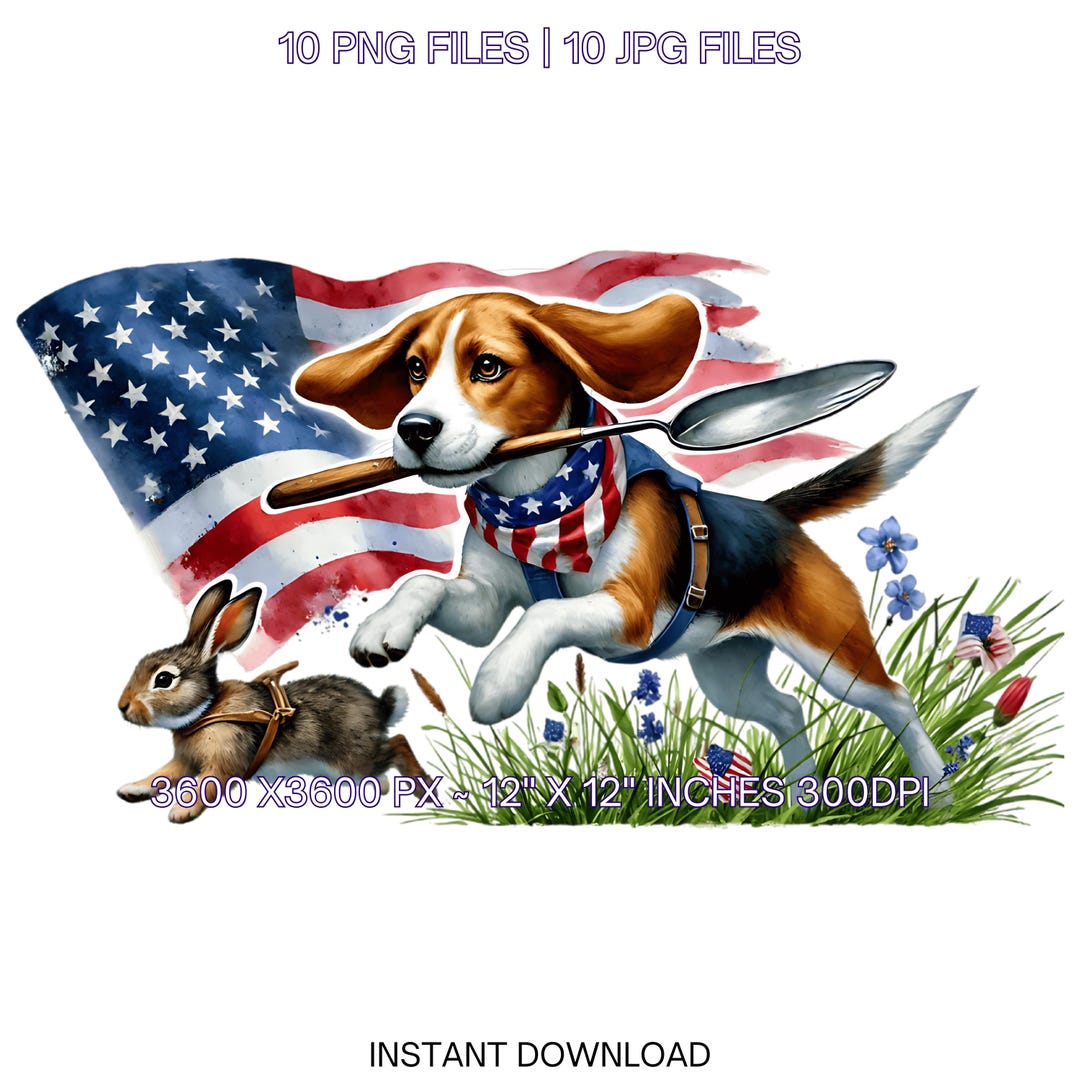 Watercolor Beagle Chasing Rabbit Clipart: US Flag Bandana (digital ...