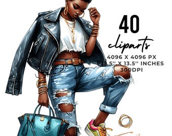 40 Black Girl Clipart PNG: Afro Denim Fashion