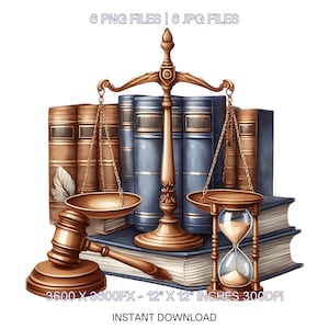 Clipart de abogado con balanza sobre una pila de cartas, veredicto y reloj de arena / Acuarela 6 PNG-JPG Sublimación Uso comercial