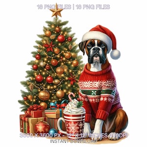 18 Boxer Dog with Hot Cocoa and Christmas Tree Clipart PNG | Christmas Boxer Clipart | Xmas Dog Clipart Images Sublimation | Commercial Use