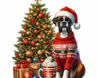 Clipart di Natale del cane Boxer / Cioccolata calda, albero PNG