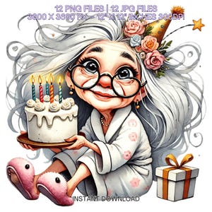 Crazy Grandma Birthday Clipart | Funny Old Lady in Pajamas with Cake | Whimsical Grandma 12 PNG & 12 JPG for Sublimation | Commercial Use
