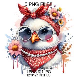 Funny Crazy Chicken PNG Clipart | Cute Hen Sublimation | Chicken Chick Wearing Red Sunglasses, Pink Scarf Pearls | Farm Life Commercial Use