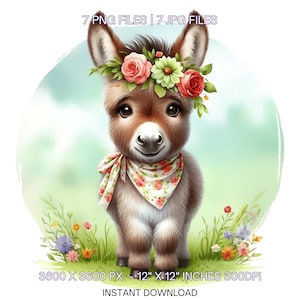 7 printemps petit âne PNG Clipart, âne aquarelle, animaux de la ferme, fabrication de cartes, scrapbooking, journal indésirable, sublimation usage Commercial