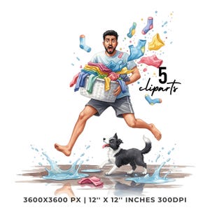 Könnte beinhalten: Eine digitale Illustration zeigt eine Person, die mit einem Wäschekorb voller bunter Kleidung und Socken rennt. Ein schwarz-weißer Hund rennt daneben. Der Text "5 Cliparts" und die Abmessungen "12" x 12" Zoll 300 DPI" sind enthalten.