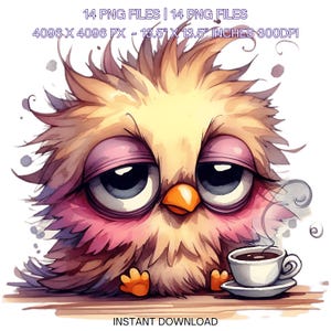 14 Pájaro gruñón peculiar con una taza de café matutino PNG / Pájaro gruñón agotado Clip Art Diario basura caprichoso Scrapbooking Uso comercial