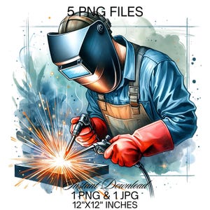 May include: A digital illustration of a welder wearing a blue shirt, brown overalls, red gloves, and a welding mask. The welder is holding a welding torch and sparks are flying from the metal being welded. The background is a watercolor wash of blue and white.