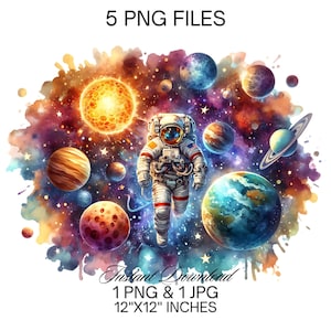 Astronaut in Space Clipart PNG | 5 Outer Space Planets Astronaut PNG| Watercolor Galaxy Stars Moon Sun Astronaut Illustration Commercial Use