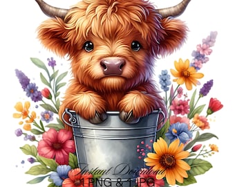 Highland Cow Watercolor Clipart: Spring Flowers PNG JPG (Digital Download)