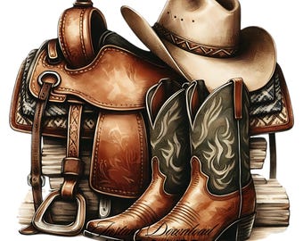 Cowboy Boots Hat & Horse Saddle Clipart PNG | 5 Watercolor Country Cowboy Goods Sublimation | Country Boy Things Illustration Commercial use