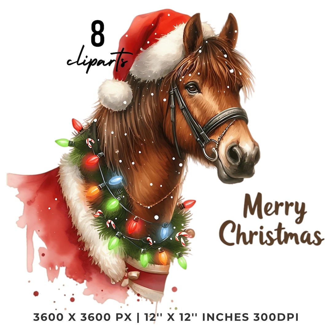 Christmas Horse Clipart PNG | Santa Hat, Holiday Lights (digital ...
