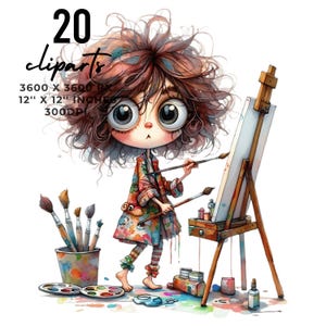 20 イーゼルで元気に絵を描く風変わりな女性 | 気まぐれで乱れたカール イーゼルの前に立つ女の子 クリップアート PNG 商用利用