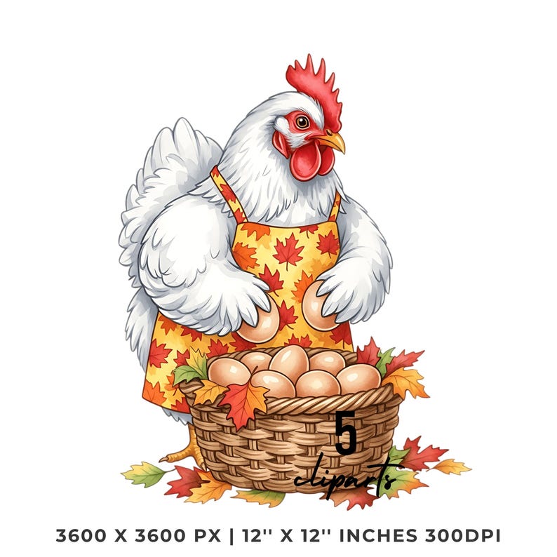 Fall Chicken Animation Fall Chicken Clipart: Hen in Apron With Egg Basket (PNG & JPG) - Etsy