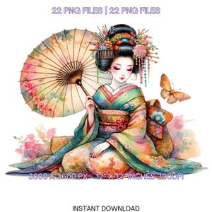 22 eigenzinnige geisha clip art png high-res aquarel fantasie, grillig voor sublimatie, junk journaling, scrapbooking, kaarten maken, commercieel